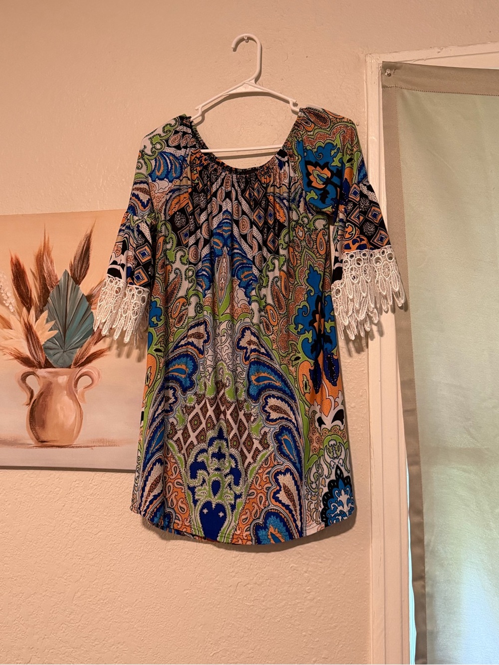 WinWin Multicolor Paisley Boho Dress with Lace Trim